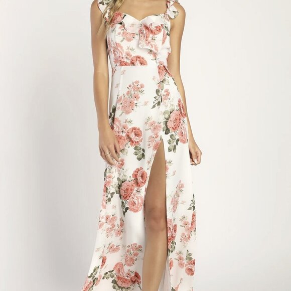 NWT Lulus Radiant Evening White Floral Print Ruffled Sleeveless Maxi Dress (SM) - Picture 1 of 9